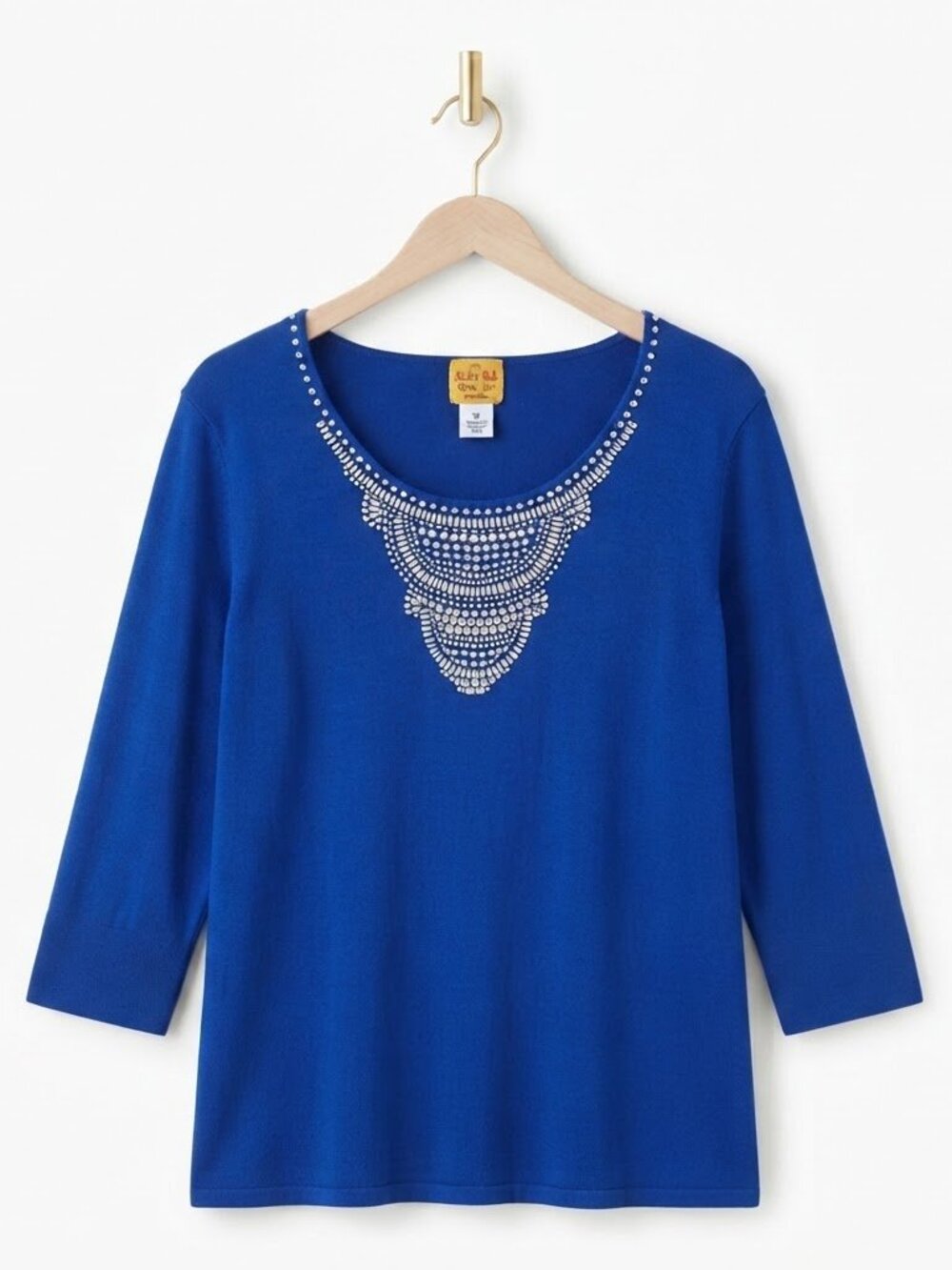 Jeweled Knit Top 2X Royal Blue Embellished Neckline Bedazzled Quiet Luxury